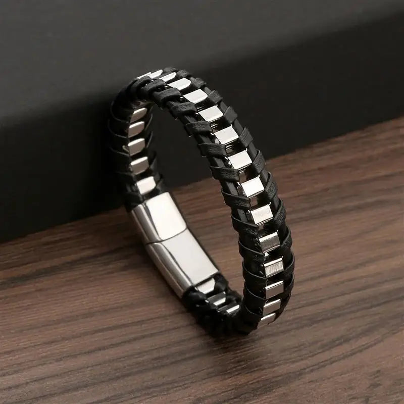 Punk Men Jewelry Black/Brown Braided Leather Bracelet Stainless Steel Magnetic Clasp Fashion Bangles Gift 18.5/22/20.5Cm