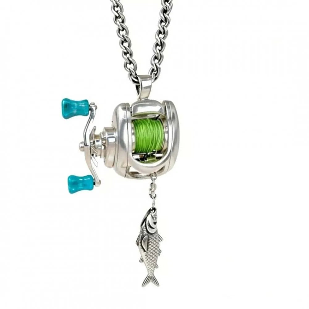 Luxury Fishing Reel Necklace Rotatable Detachable Fishing Reel Ring Exquisite Silver Men Neck Pendant Versatile Jewelry