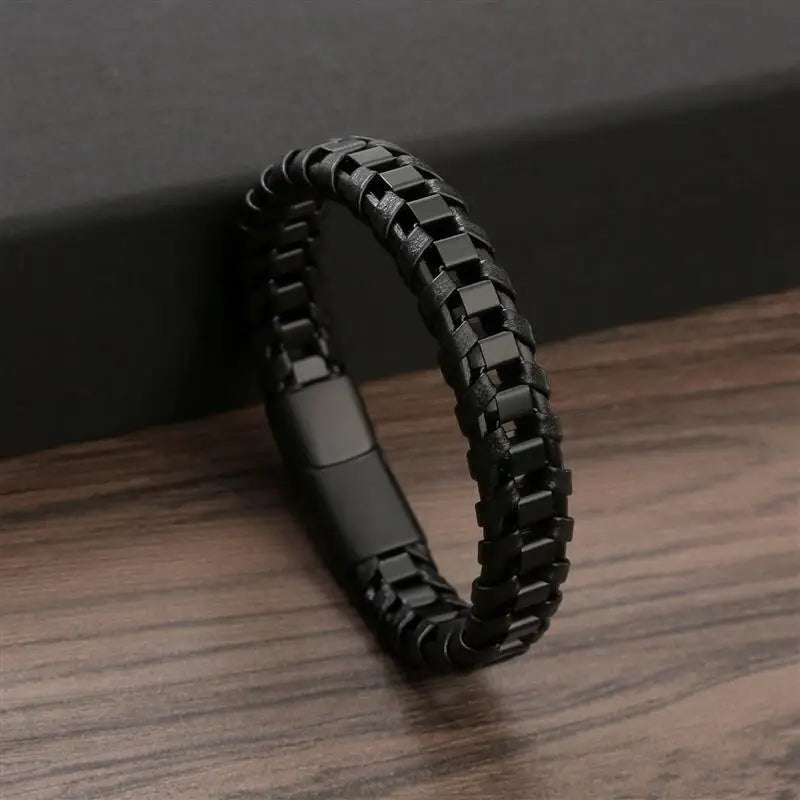 Punk Men Jewelry Black/Brown Braided Leather Bracelet Stainless Steel Magnetic Clasp Fashion Bangles Gift 18.5/22/20.5Cm