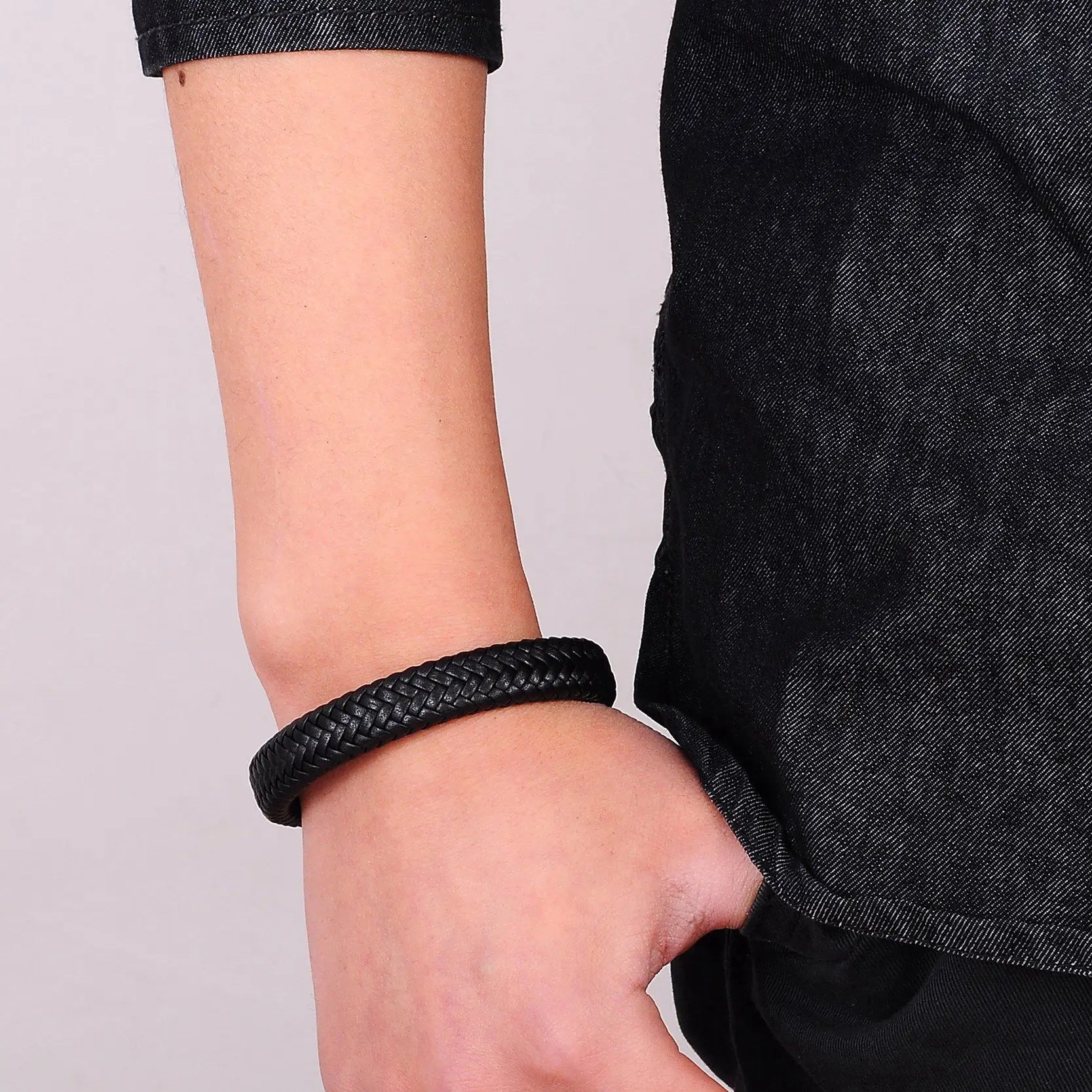 Punk Men Jewelry Black/Brown Braided Leather Bracelet Stainless Steel Magnetic Clasp Fashion Bangles Gift 18.5/22/20.5Cm