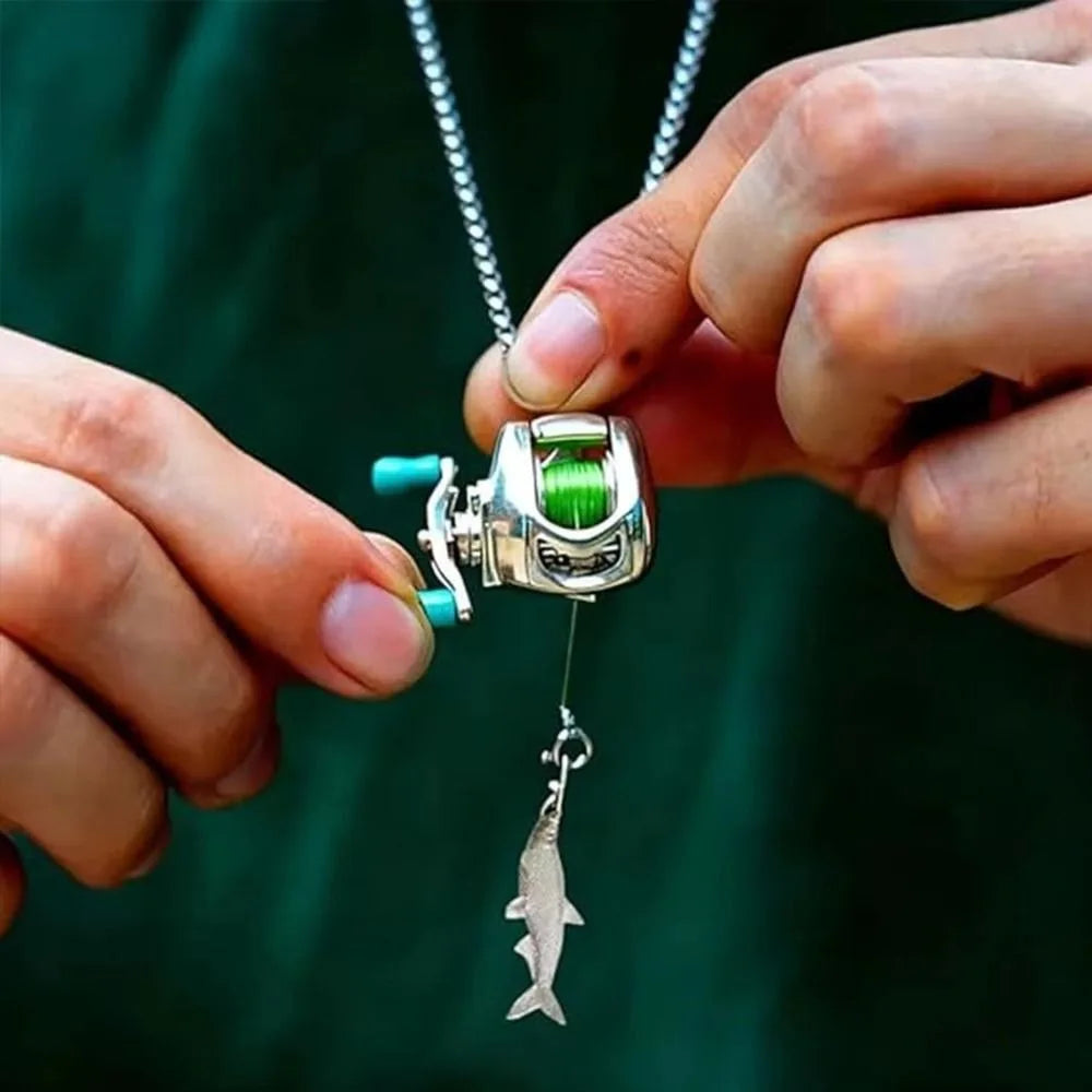 Luxury Fishing Reel Necklace Rotatable Detachable Fishing Reel Ring Exquisite Silver Men Neck Pendant Versatile Jewelry