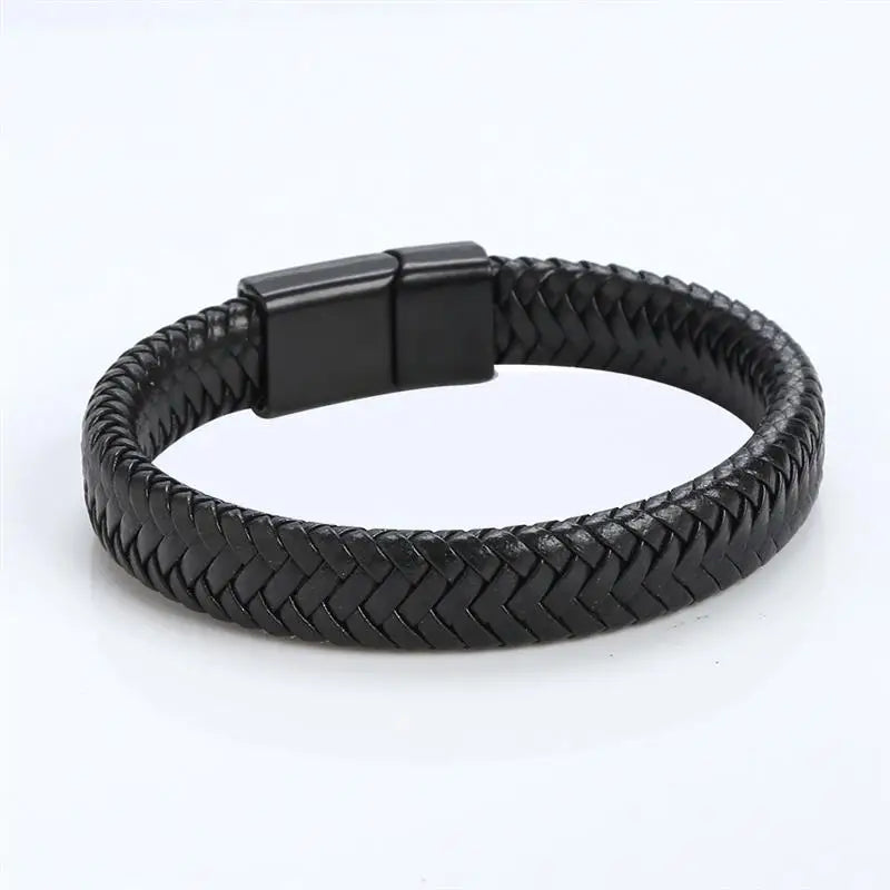 Punk Men Jewelry Black/Brown Braided Leather Bracelet Stainless Steel Magnetic Clasp Fashion Bangles Gift 18.5/22/20.5Cm