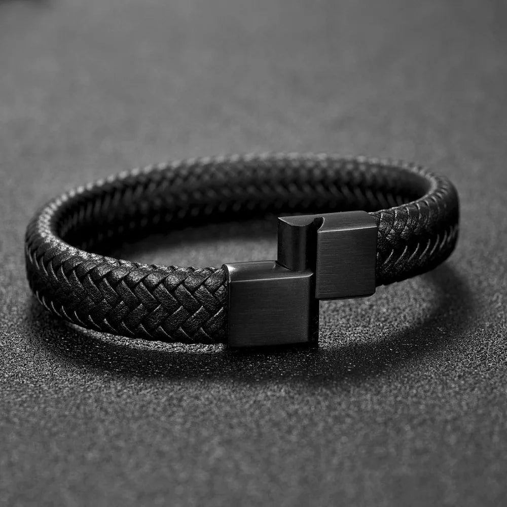 Punk Men Jewelry Black/Brown Braided Leather Bracelet Stainless Steel Magnetic Clasp Fashion Bangles Gift 18.5/22/20.5Cm
