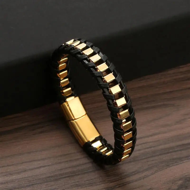 Punk Men Jewelry Black/Brown Braided Leather Bracelet Stainless Steel Magnetic Clasp Fashion Bangles Gift 18.5/22/20.5Cm