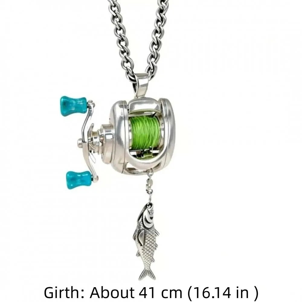 Luxury Fishing Reel Necklace Rotatable Detachable Fishing Reel Ring Exquisite Silver Men Neck Pendant Versatile Jewelry