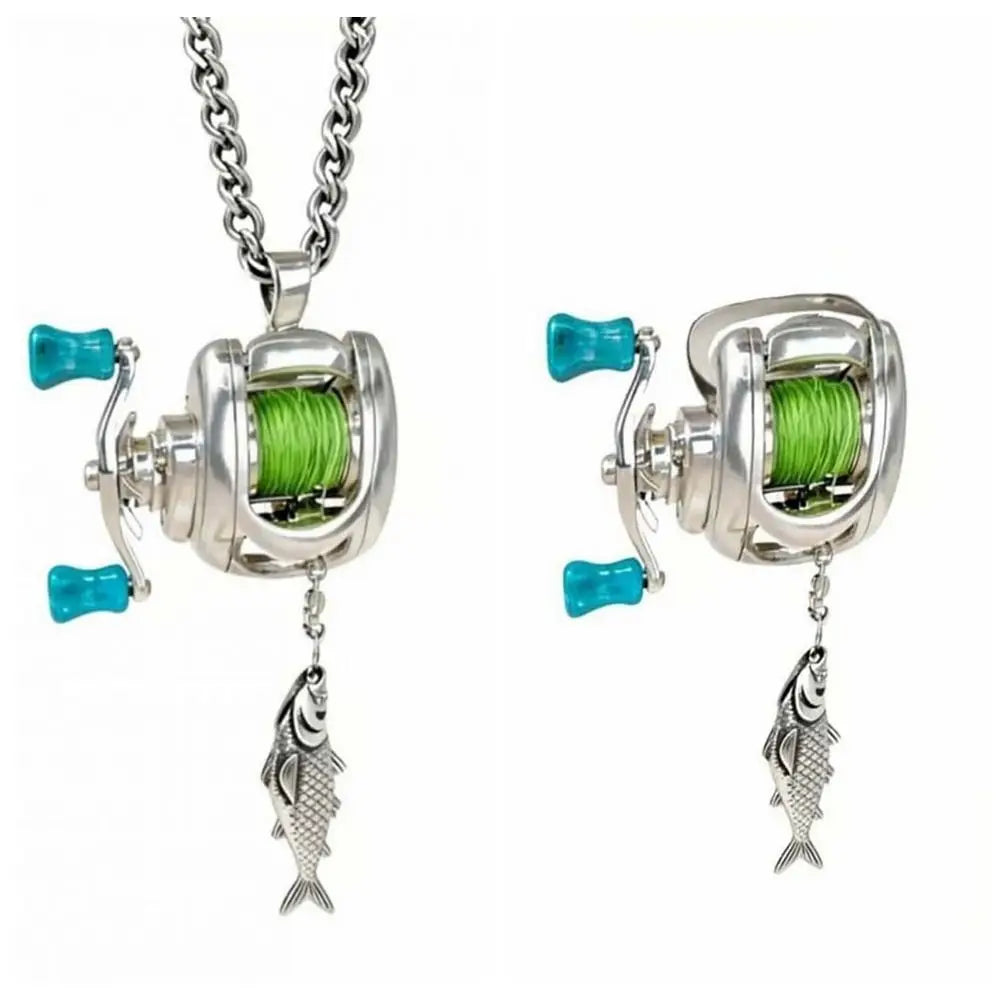 Luxury Fishing Reel Necklace Rotatable Detachable Fishing Reel Ring Exquisite Silver Men Neck Pendant Versatile Jewelry