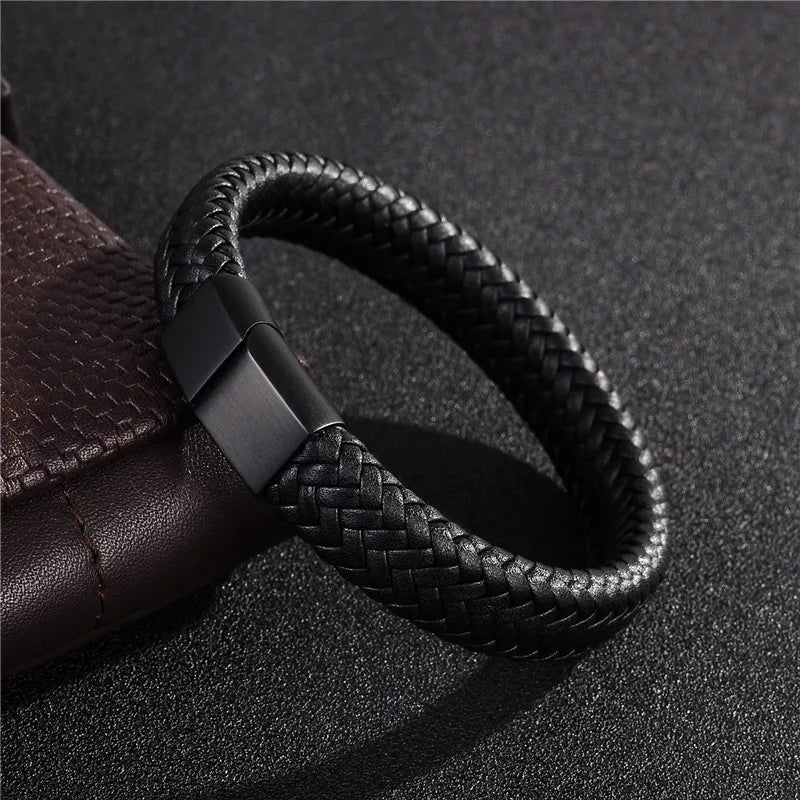 Punk Men Jewelry Black/Brown Braided Leather Bracelet Stainless Steel Magnetic Clasp Fashion Bangles Gift 18.5/22/20.5Cm