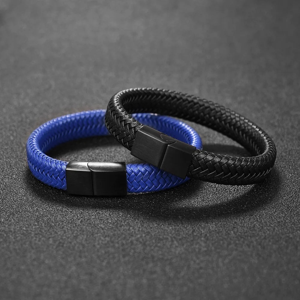 Punk Men Jewelry Black/Brown Braided Leather Bracelet Stainless Steel Magnetic Clasp Fashion Bangles Gift 18.5/22/20.5Cm
